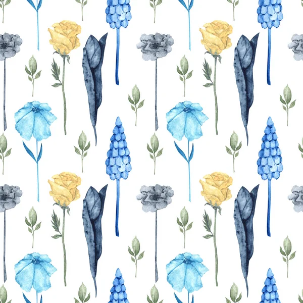 Spring dry flowers and leaves. Watercolor seamless pattern of tulips, roses and muscari. Discreet pastel flowers of dry vegetation on a white background.