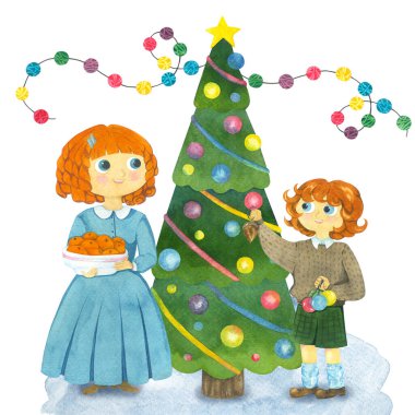 Yılbaşı kartı: Anne ve çocuk Noel ağacını süslüyor. Kızıl insanlar ve bir Noel ağacı. Beyaz arkaplanda kavramsal illüstrasyon.