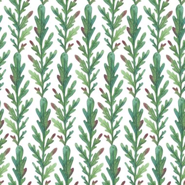 Kırmızı-yeşil yapraklı suluboya. Beyaz bir arka planda kusursuz çiçek deseni. El yapımı botanik çizimi.