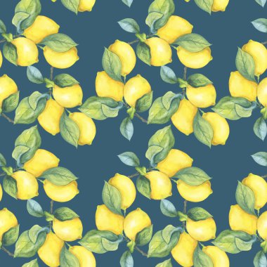 Bir dalda sulu sarı limonlar. Koyu yeşil arka planda dikişsiz kireç deseni. Botanik meyve çizimi.