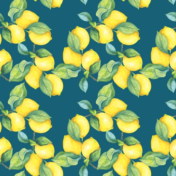 Limões Amarelos Suculentos Ramo Padrão Sem Costura Citrinos Fundo Verde — Fotografia de Stock