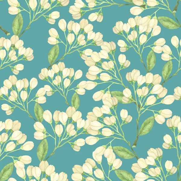 Små Körsbärsknoppar Grenarna Beige Blommor Och Gröna Blad Akvarell Sömlös — Stockfoto