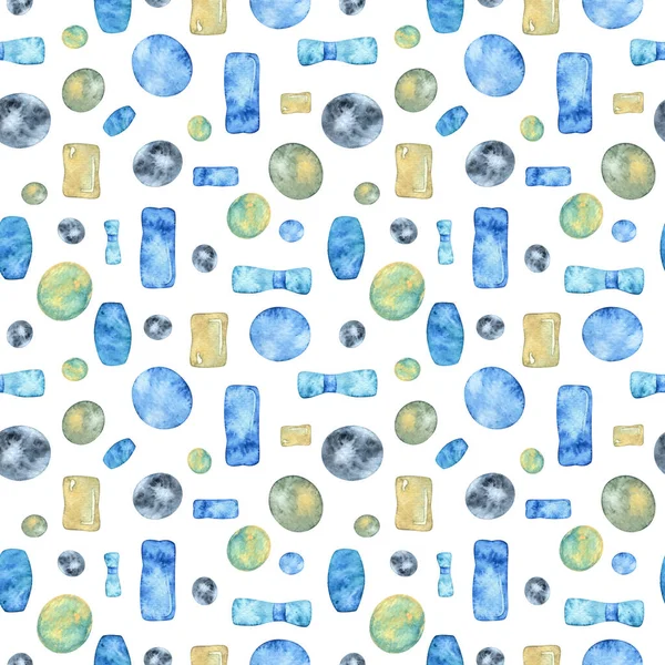 Abstract pattern from decorative beads. Overflows of blue and beige paints. Geometric shapes seamless pattern.