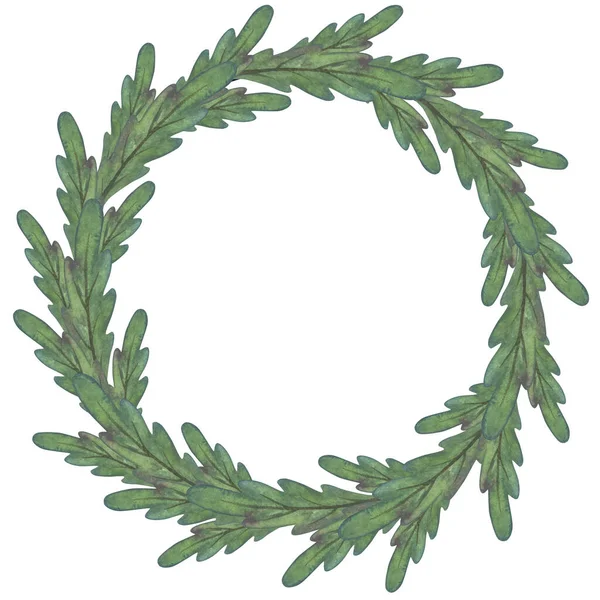 Ein Einfacher Kranz Aus Grünen Zweigen Auf Weißem Hintergrund Aquarell — Stockfoto