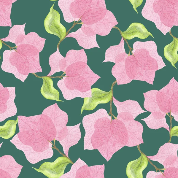 Pink Bougainvillea Flowers Green Background Watercolor Botanical Pattern Illustration Fabrics — Stock Photo, Image