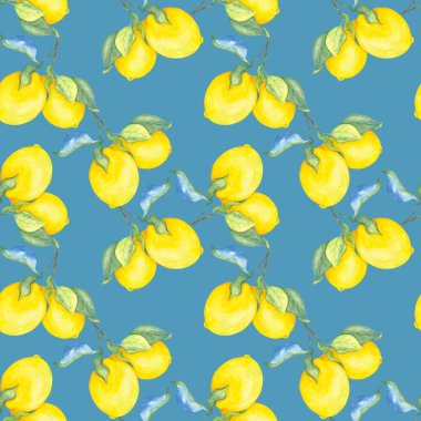 Yapraklı parlak suluboya lilomalar. Mavi arka planda sarı sitruslar. Botanik kusursuz desen.