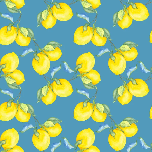 Lilomas Acuarela Brillantes Con Hojas Cítricos Amarillos Sobre Fondo Azul — Foto de Stock