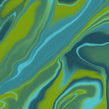 Yeşil ve mavi renkli soyut bir arkaplan. Aşırı akış ve boya karışımı. Holografik efektli bir bitmap.