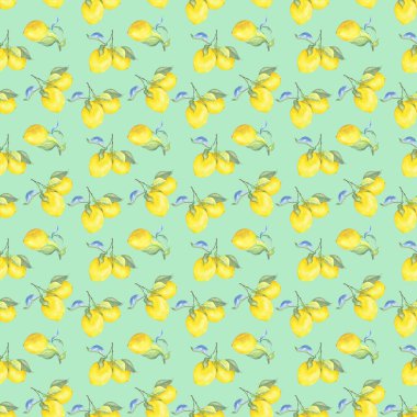 Mavi-yeşil yapraklı parlak sarı limonlar. Lezzetli egzotik sitruslar. Parlak mavi arkaplanda botanik desen.