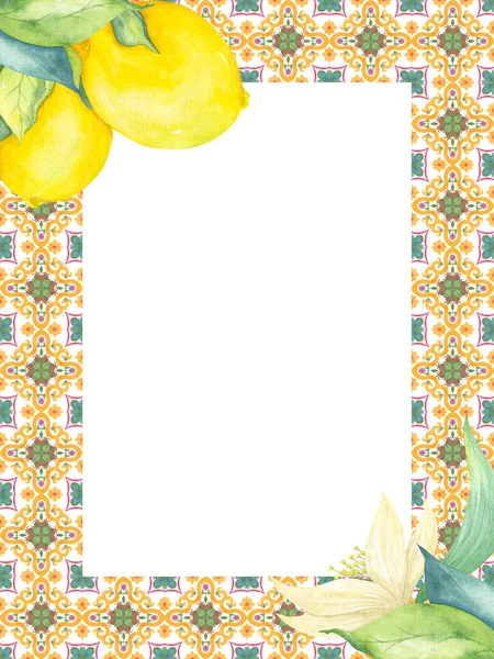 Vertikaler Rahmen Mit Mosaikmuster Den Rändern Und Zitronen Gelbe Zitrusfrüchte — Stockfoto