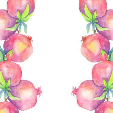 Beyaz arkaplandaki sulu narlardan dikey çerçeve. Kırmızı meyveler ve parlak yeşil yapraklar. Kartpostallar, tebrik kartları, menüler için..