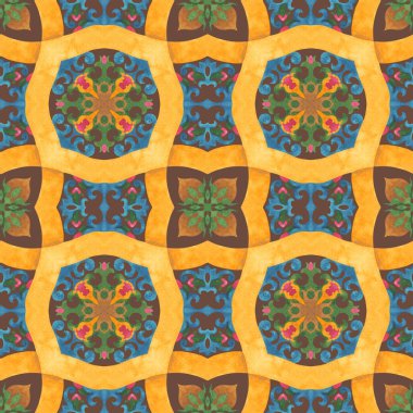 Kusursuz sarmaş dolaş çiçekli arabesk deseni. Kahverengi arka planda suluboya çizimi. Kumaşlar, kartpostallar, dekorlar üzerine baskı yapmak için..