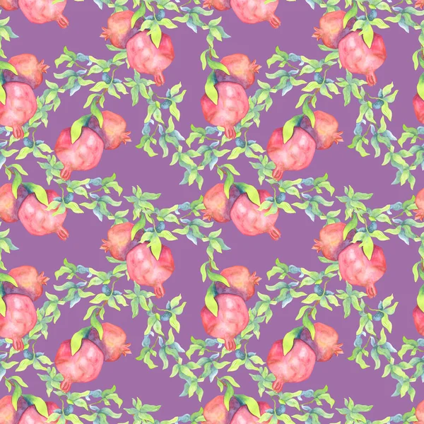 Watercolor Pomegranates Branch Bright Greenery Seamless Pattern Purple Background Printing — Stock Photo, Image