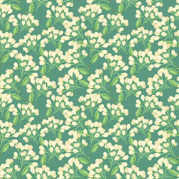 Seamless Pattern Watercolor Flower Buds Delicate Beige Flowers Green Background — Stock Photo, Image