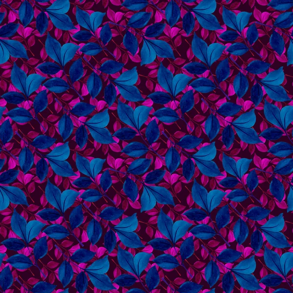 Fényes Zökkenőmentes Minta Neon Levelekkel Akvarell Rajz Kék Rózsaszín Ágak — Stock Fotó