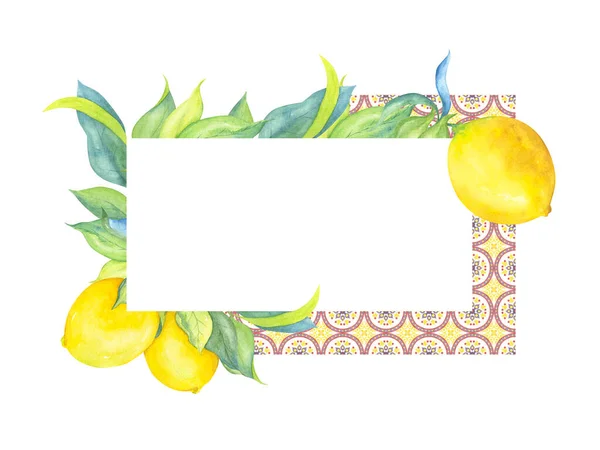 Decorative Watercolor Frame Lemons Mosaics Yellow Citruses Green Leaves Purple — Stock Photo, Image