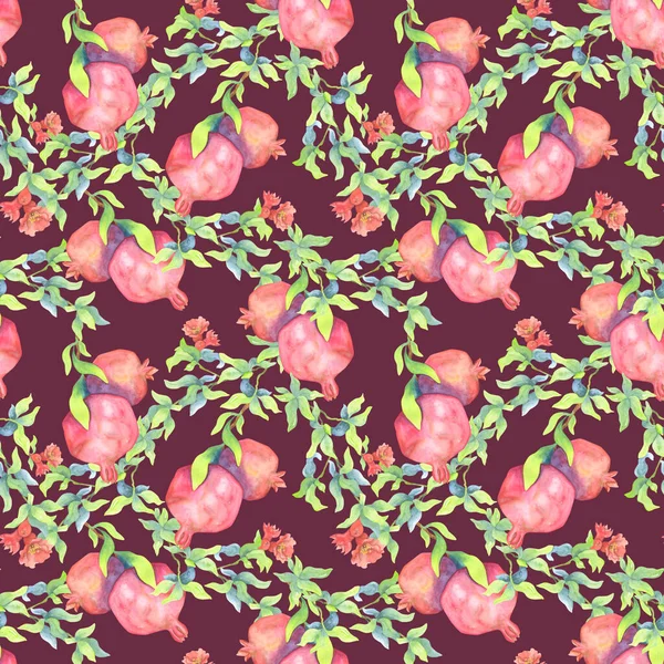 水彩画无缝图案 枝条上成熟的石榴 大水果 开红花 结满绿叶 用于织物 明信片 印刷品 墙纸的印刷 — 图库照片