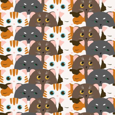 Komik kedilerde kusursuz desen. Kahverengi, gri, beyaz ve kızıl kedi. Yazdırma, kapak, kıyafet ve kağıt için geometrik desen.