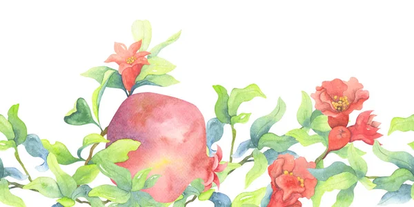 Watercolor Seamless Border Pomegranate Red Flowers Illustration White Background Menu — Zdjęcie stockowe