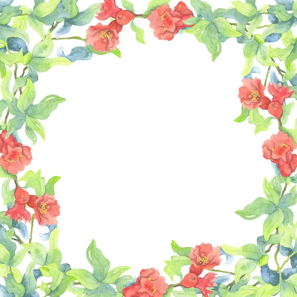 Akvarell Fyrkantig Ram Med Röda Granatäpple Blommor Och Gröna Blad — Stockfoto