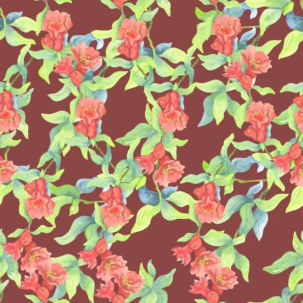 Red Pomegranate Flowers Intertwining Branches Green Leaves Watercolor Seamless Pattern — Stock Photo, Image