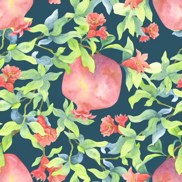 Bezešvé Akvarel Vzor Granátové Jablko Červené Květy Modrozeleném Pozadí Ovocná — Stock fotografie