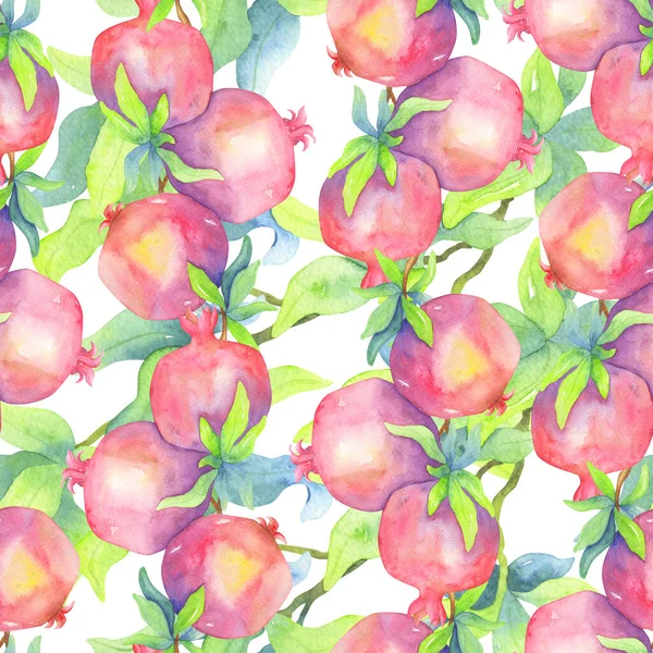 Ovocný Bezešvý Vzor Šťavnatými Granátovými Jablky Zelenými Listy Akvarelové Ilustrace — Stock fotografie