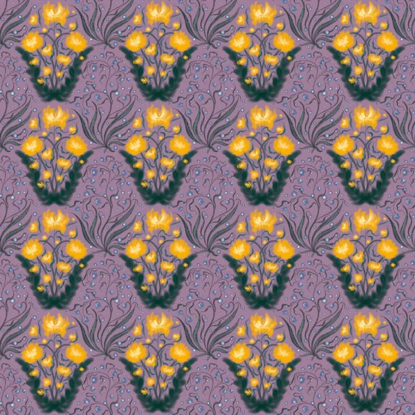 Dandelions and bells seamless pattern on a purple background. Flowers with intertwining leaves. Handmade illustration for printing prints, fabrics, decor.