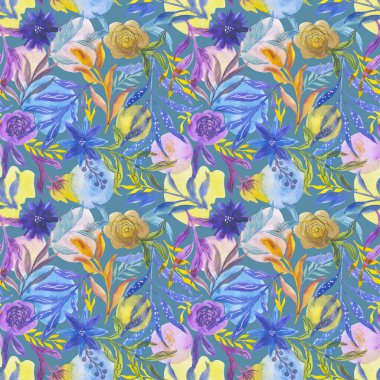 Çiçekli ve dallı suluboya desen. Gri-mavi arka planda kusursuz el çizimi çizimi. Güller, çiçek, bitki dalları, soyut noktalar. Kumaş, kağıt, dekor üzerine baskı yapmak için..