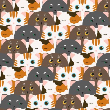Farklı duyguları olan kedilerin yüzleri. Pulsuz bir desen. Kapak, kumaş, baskı ve dekorasyon için komik hayvanlar.