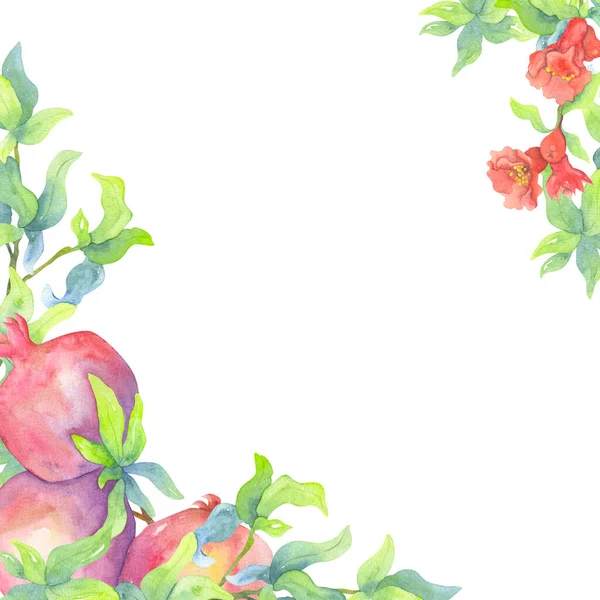 Rámeček Granátovými Jablky Červenými Květy Dekorativní Design Karet Pozvánek Obalů — Stock fotografie