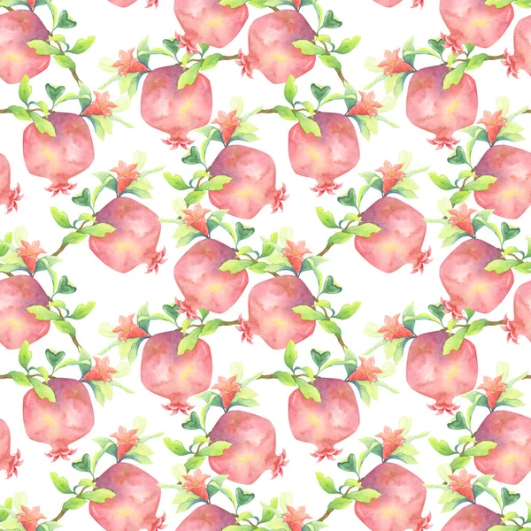 Large Pomegranates Red Flowers Green Leaves Seamless Intertwining Pattern White — Stock Photo, Image