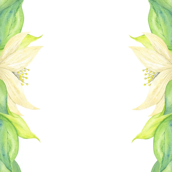 Delikata Beige Blommor Med Gröna Blad Dekorativ Vertikal Ram För — Stockfoto