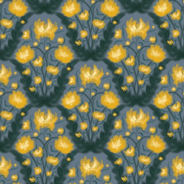 画黄色的花和绿色的叶子 蓝灰色背景上的无缝交织图案 适用于封面 明信片 纺织品印花及装饰 — 图库照片