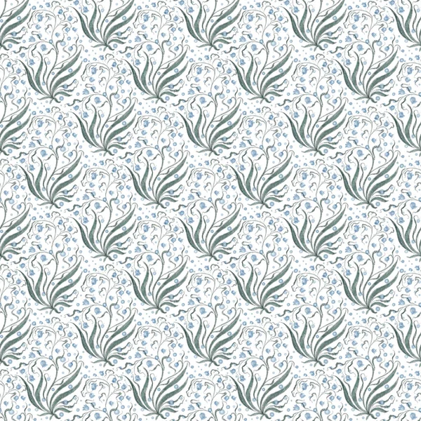 Синие Лилии Долины Украшают Белом Фоне Овощные Иллюстрации Бесшовный Шаблон — стоковое фото