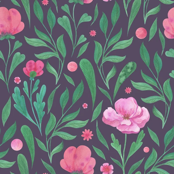 Stylized Pink Flowers Green Branches Festive Decoration Seamless Watercolor Pattern — Stock Photo, Image