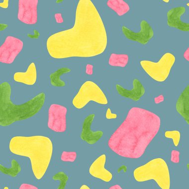 Terrazzo tarzında parlak noktalar. Gri-yeşil arka planda suluboya desenleri var. Çocuk kıyafetleri, örtüler, dekorlar için..