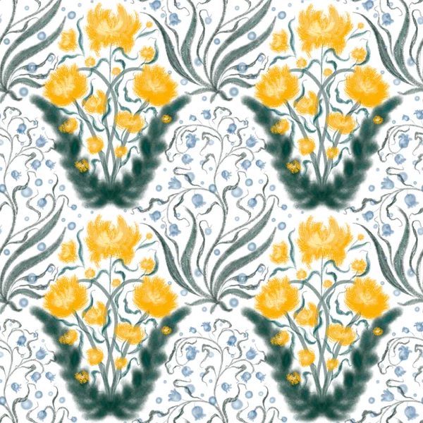 Stiliserade Blommor Maskrosor Och Liljor Dalen Damast Sömlöst Mönster Illustration — Stockfoto