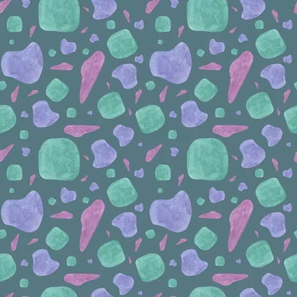 用紫色和绿色表示的几何抽象形状 水彩画无缝图案的特拉佐风格 用于织物 装饰的印刷 — 图库照片