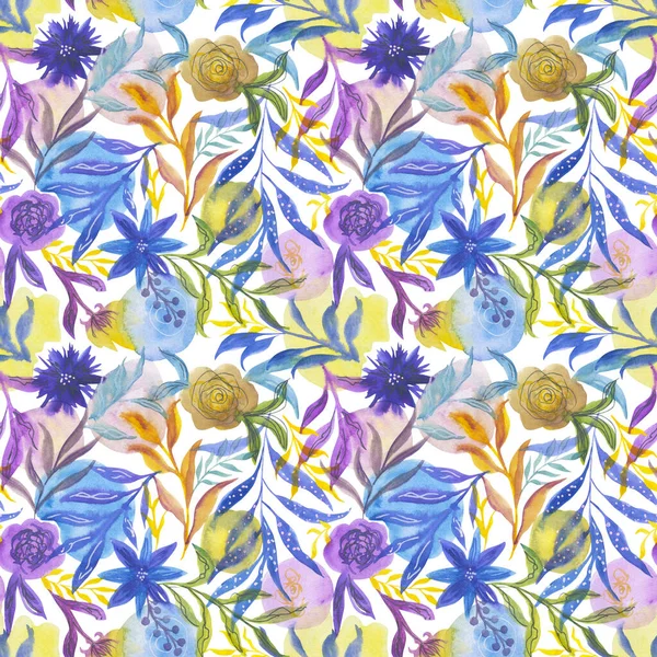 Gelbe Und Violette Abstrakte Blüten Und Flecken Auf Weißem Hintergrund — Stockfoto