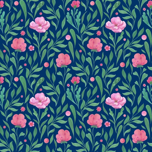 花柱粉红色 枝条绿色 蓝色背景上的水彩画无缝图案 用于在织物 封皮上印刷的精美插图 — 图库照片