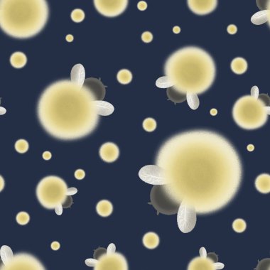 Yuvarlak sarı böcekler. Koyu mavi arka planda ateş böcekleri olan geometrik desen. Kumaş, ev dekorasyonu, kartpostallar, kapaklar için..