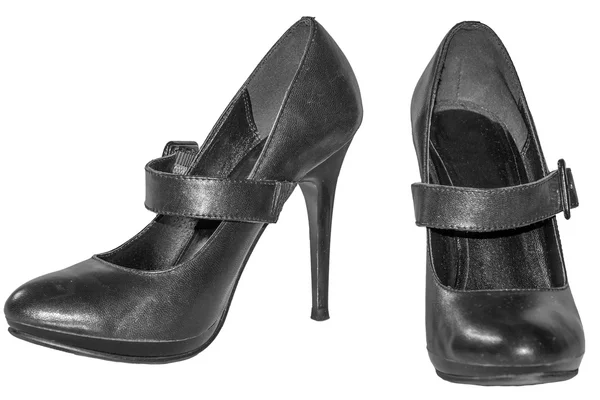 Dámské černé boty s popruh vysoký podpatek boty izolované bílé ba — Stock fotografie
