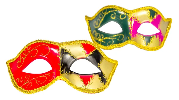 Two Venetian carnival half-mask gold red green black pink asymme — Stock Photo, Image