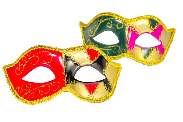 Two Venetian carnival half-mask gold red green black pink asymme — Stock Photo, Image