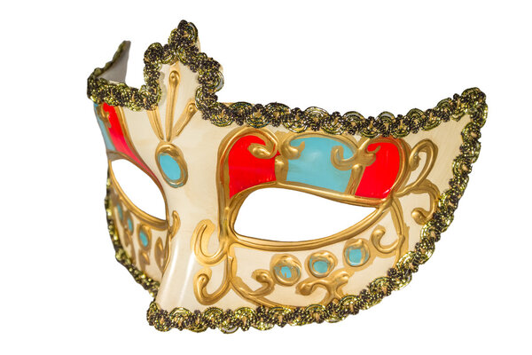 Carnival mask gold-painted curlicues decoration blue and red ins