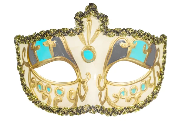 Maschera di carnevale ricci dipinti in oro decorazione blu e rosso ins — Foto Stock