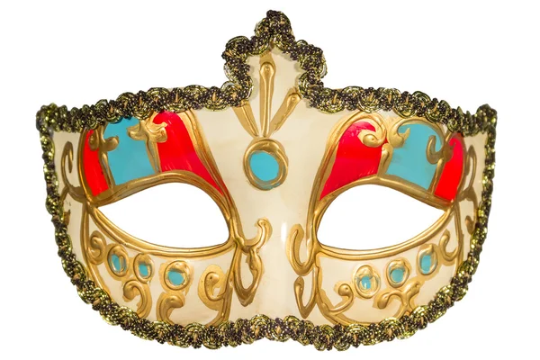Карнавальная маска, покрашенная в золотой цвет, украшает синие и красные вставки — стоковое фото