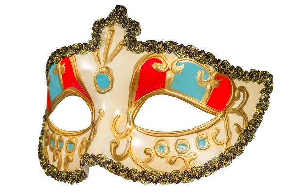 Maschera di carnevale ricci dipinti in oro decorazione blu e rosso ins — Foto Stock