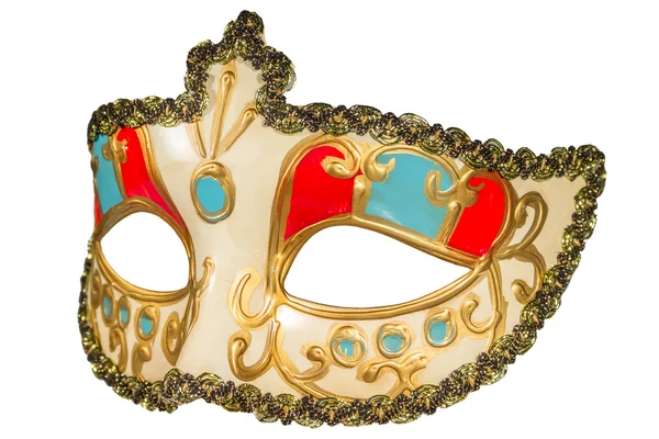 Máscara de carnaval de oro pintado curlicues decoración azul y rojo ins Imagen de archivo